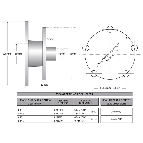 Trailer Disc Brake Hub Kit 1500Kg 225Mm 1-Pc (Pair)