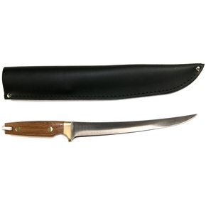NZ Made Carbon Steel Fillet Knife w/ Hardwood Handle & Leather Sheath 23cm