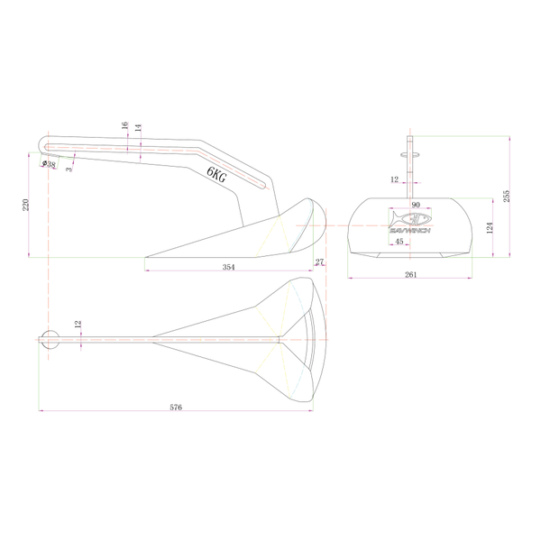 Stainless Plough Anchor (Delta Type) W/ Slider 6Kg (To 5.5M)